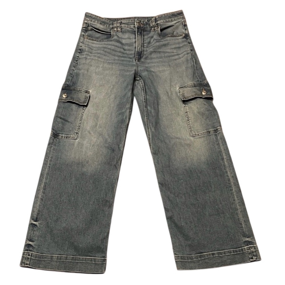 American Eagle Women Super High Rise Baggy Wide Leg Cargo Blue Jeans Size 12 EUC - Picture 2 of 11